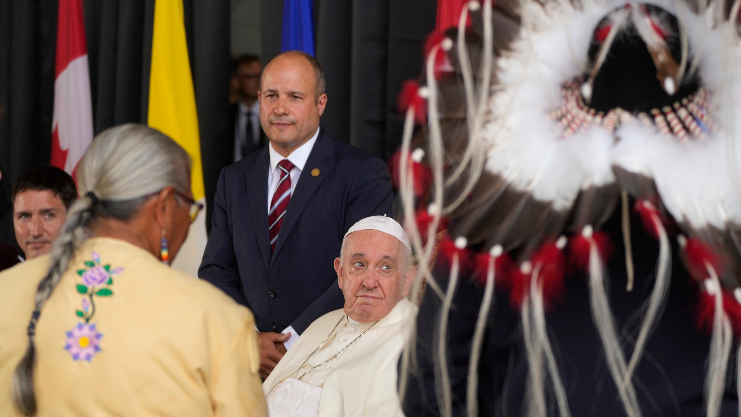 Pope Francis meets the Canadian Indigenous people as he arrives at Edmonton's International airport, Canada on July 24, 2022. (Gregorio Borgia/Associated Press)