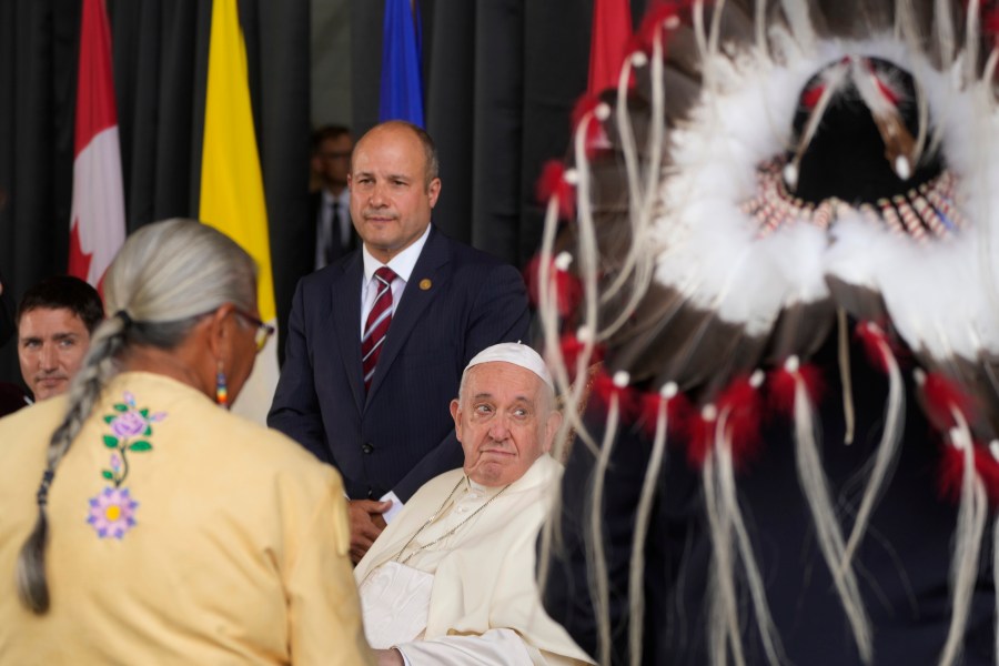 Pope Francis meets the Canadian Indigenous people as he arrives at Edmonton's International airport, Canada on July 24, 2022. (Gregorio Borgia/Associated Press)