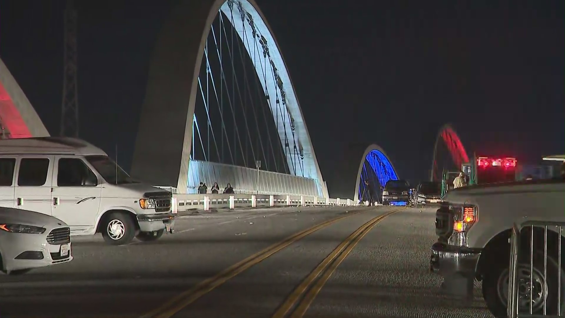 The new 6th Street Bridge can be illuminated in different colors, as it was on July 9, 2022. (KTLA)