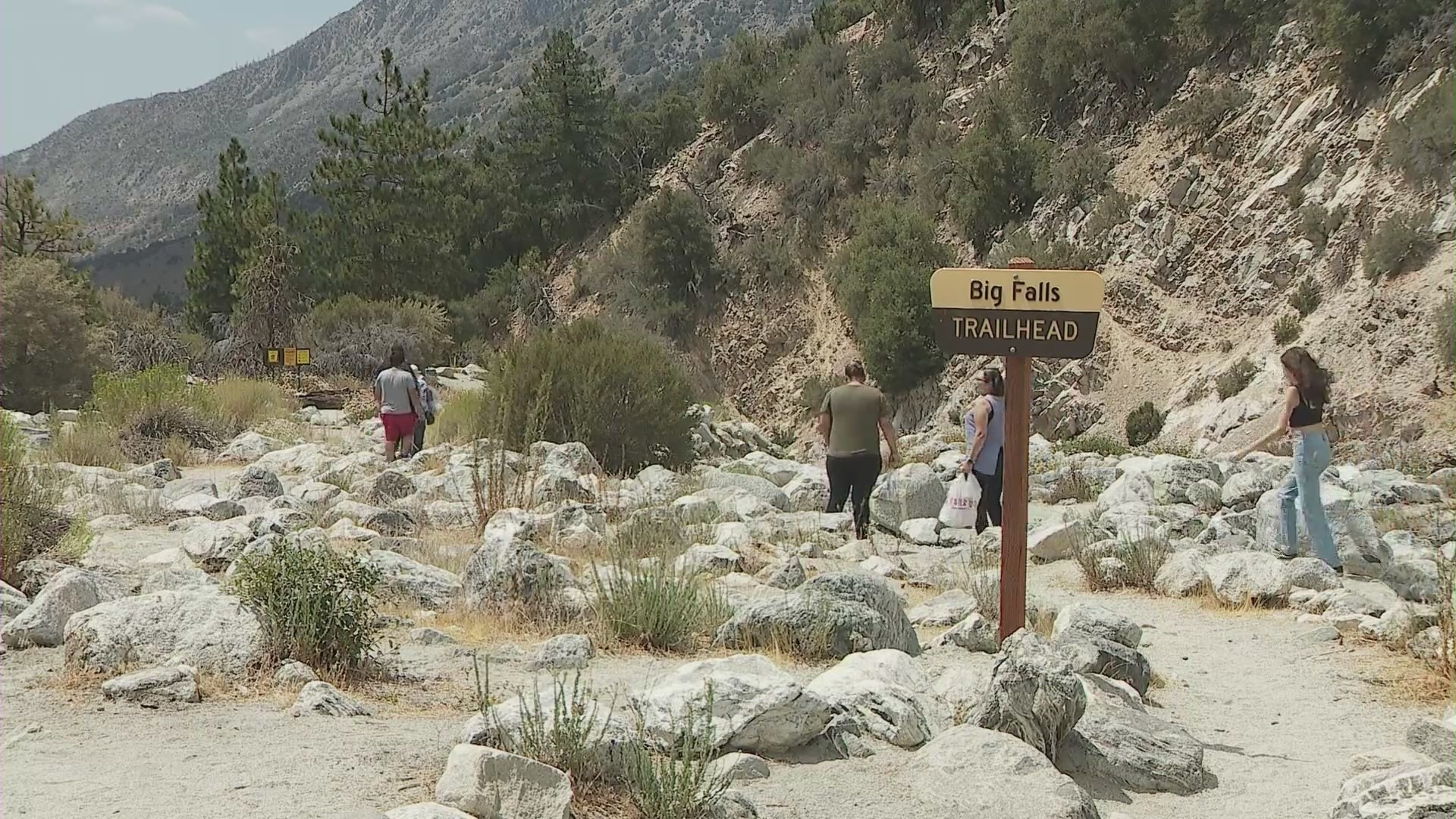 Multiple hikers have fallen and suffered serious injuries or died at Big Falls, as shown on July 29, 2022. (KTLA)