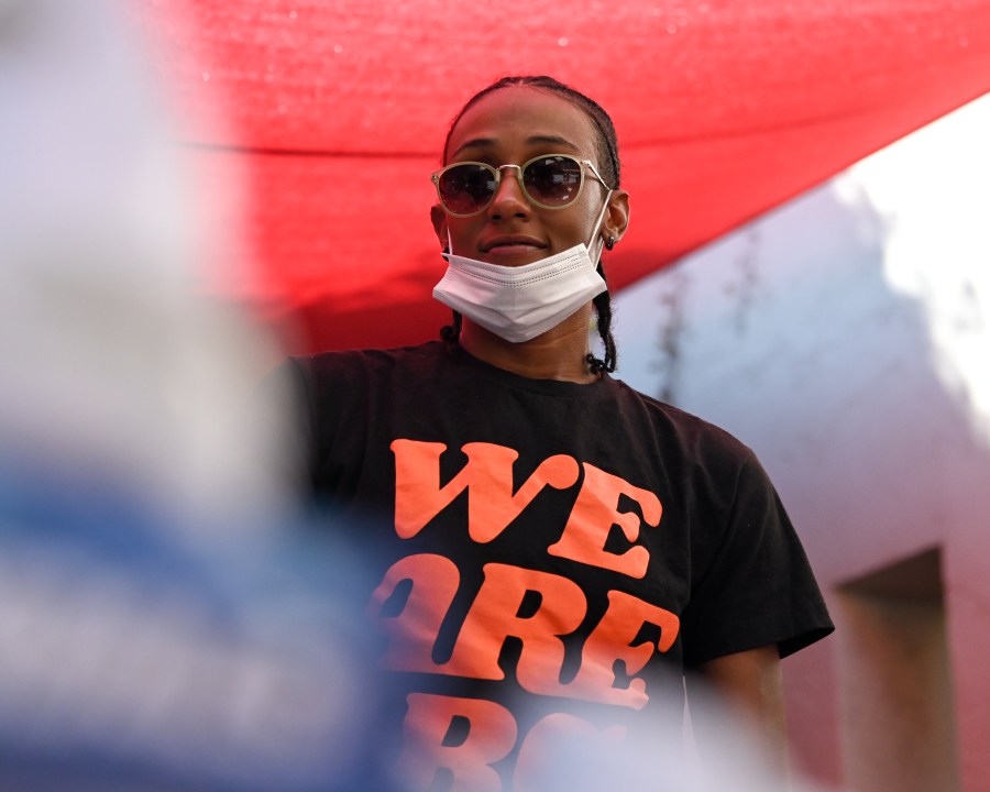 Members of the L..A. Sparks wear shirts to honor Brittney Griner during a shoe drive in Los Angeles on July 18, 2022 (Los Angeles Sparks)