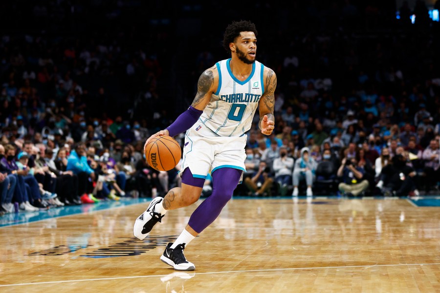 Miles Bridges #0 of the Charlotte Hornets dribbles the ball in the fourth quarter of the game against the Toronto Raptors at Spectrum Center on Feb. 25, 2022 in Charlotte, North Carolina. (Jared C. Tilton/Getty Images)