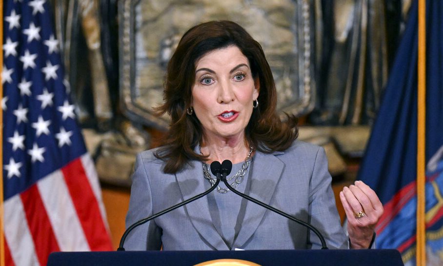 New York Gov. Kathy Hochul speaks to reporters about legislation passed during a special legislative session, in the Red Room at the state Capitol, July 1, 2022, in Albany, N.Y. (Hans Pennink/Associated Press)