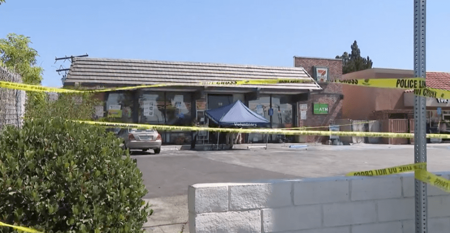 Police respond to a fatal shooting at a 7-Eleven in Brea on July 11, 2022. (KTLA)