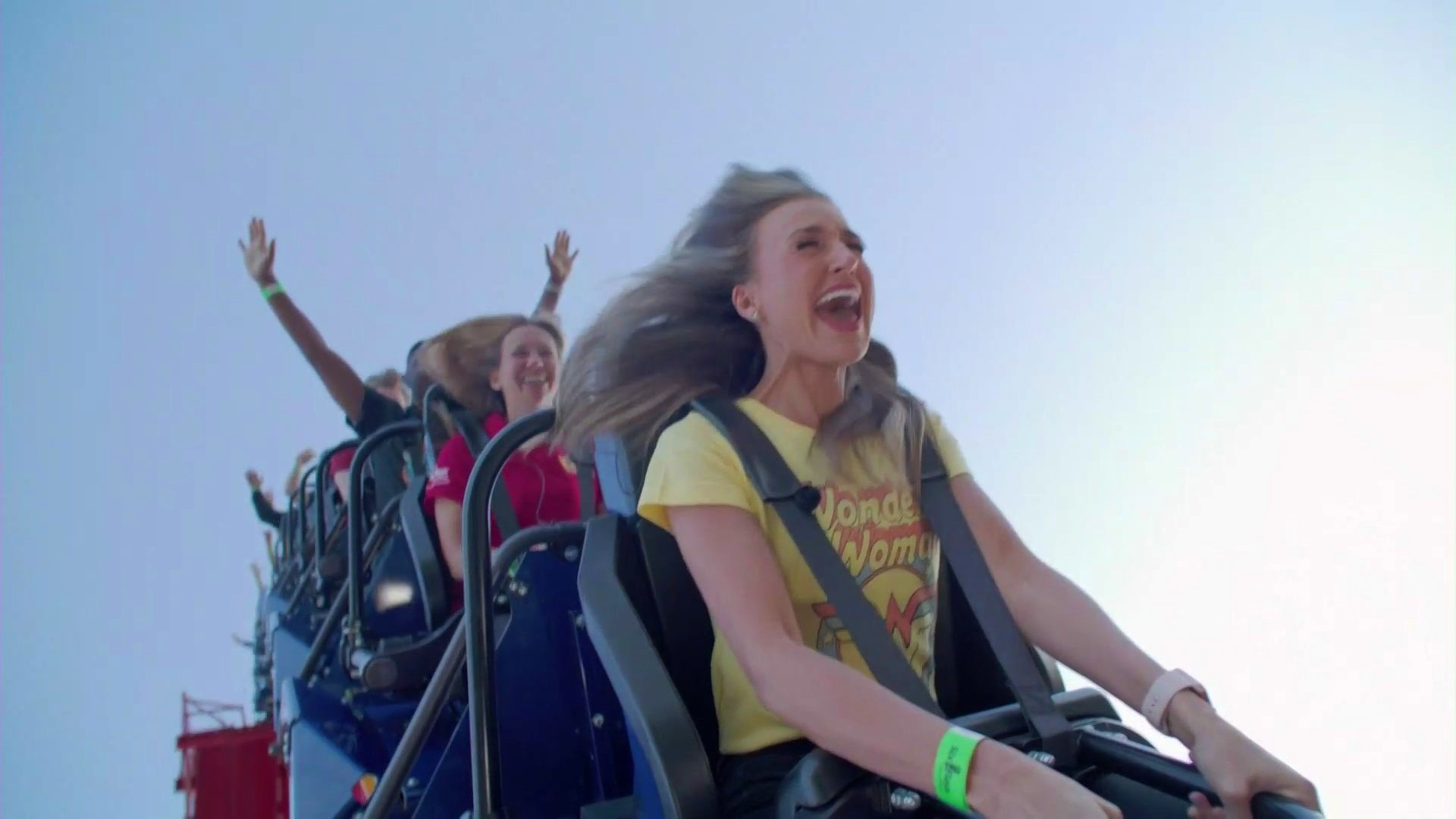 KTLA's Samantha Cortese rides the new Wonder Woman: Flight of Courage roller coaster at Six Flags Magic Mountain on July 14, 2022. (KTLA)