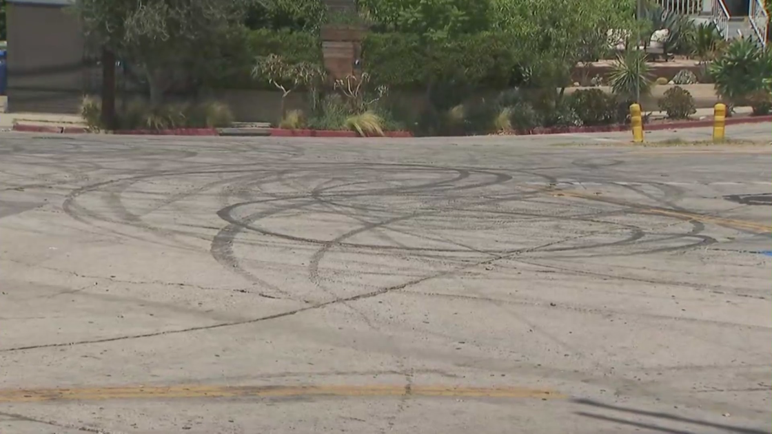 Tire marks are seen in an Angelino Heights neighborhood where the "Fast and Furious" movies are filmed on Aug. 23, 2022. (KTLA)