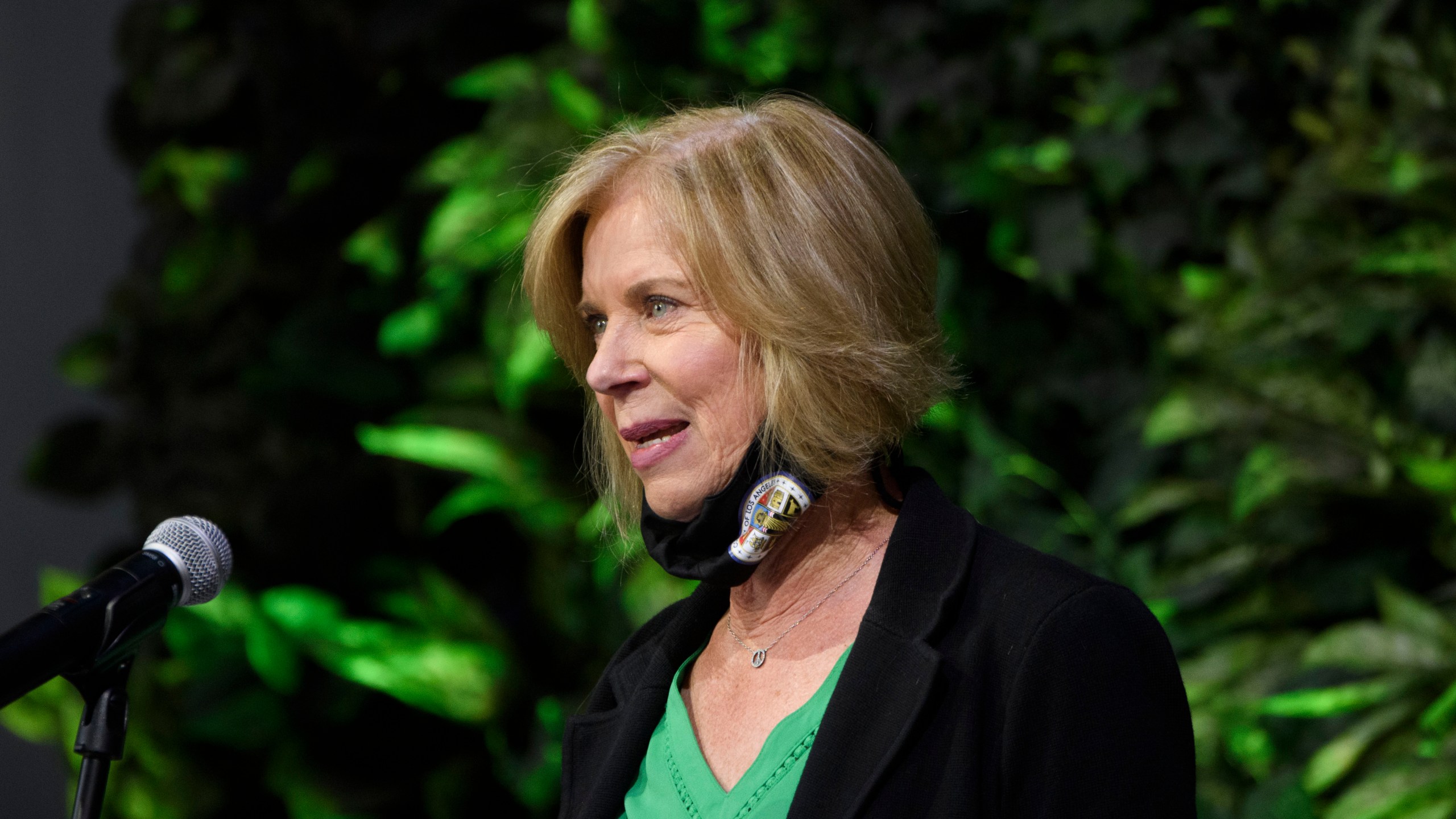 Los Angeles County Supervisor Janice Hahn speaks after touring a COVID-19 vaccination site on Feb. 22, 2021 in Long Beach. (Patrick T. FALLON/AFP via Getty Images)