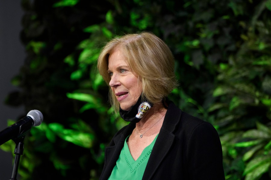 Los Angeles County Supervisor Janice Hahn speaks after touring a COVID-19 vaccination site on Feb. 22, 2021 in Long Beach. (Patrick T. FALLON/AFP via Getty Images)