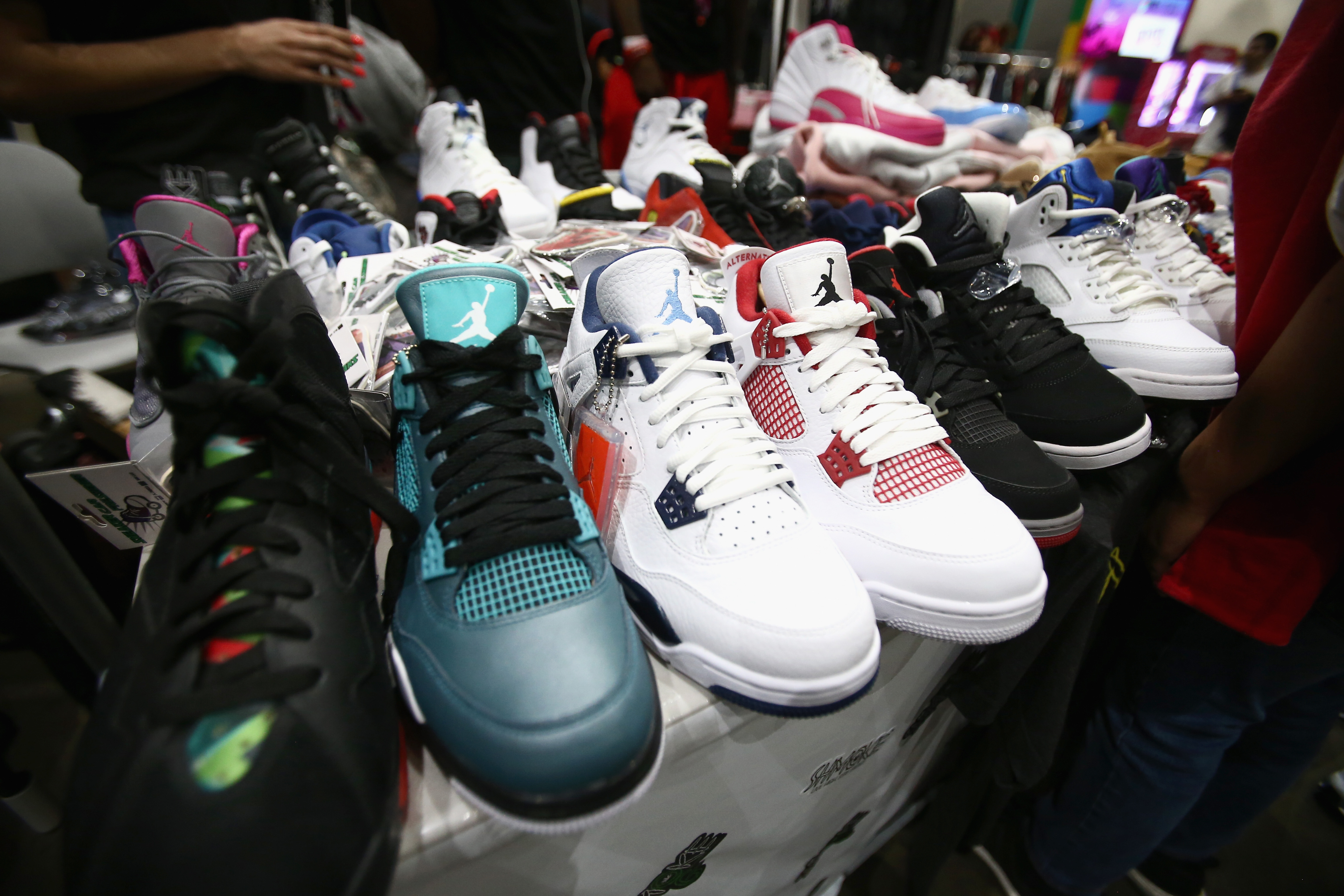 Air Jordan sneakers on display at the 2018 BET Experience Fan Fest at Los Angeles Convention Center on June 22, 2018. (Tommaso Boddi/Getty Images for BET)