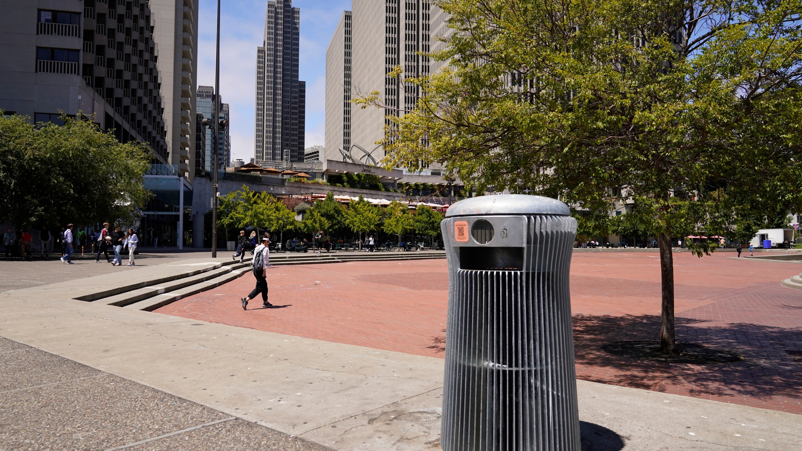 A prototype trash can called Salt and Pepper is seen near the Embarcadero in San Francisco on July 26, 2022. (AP Photo/Eric Risberg)