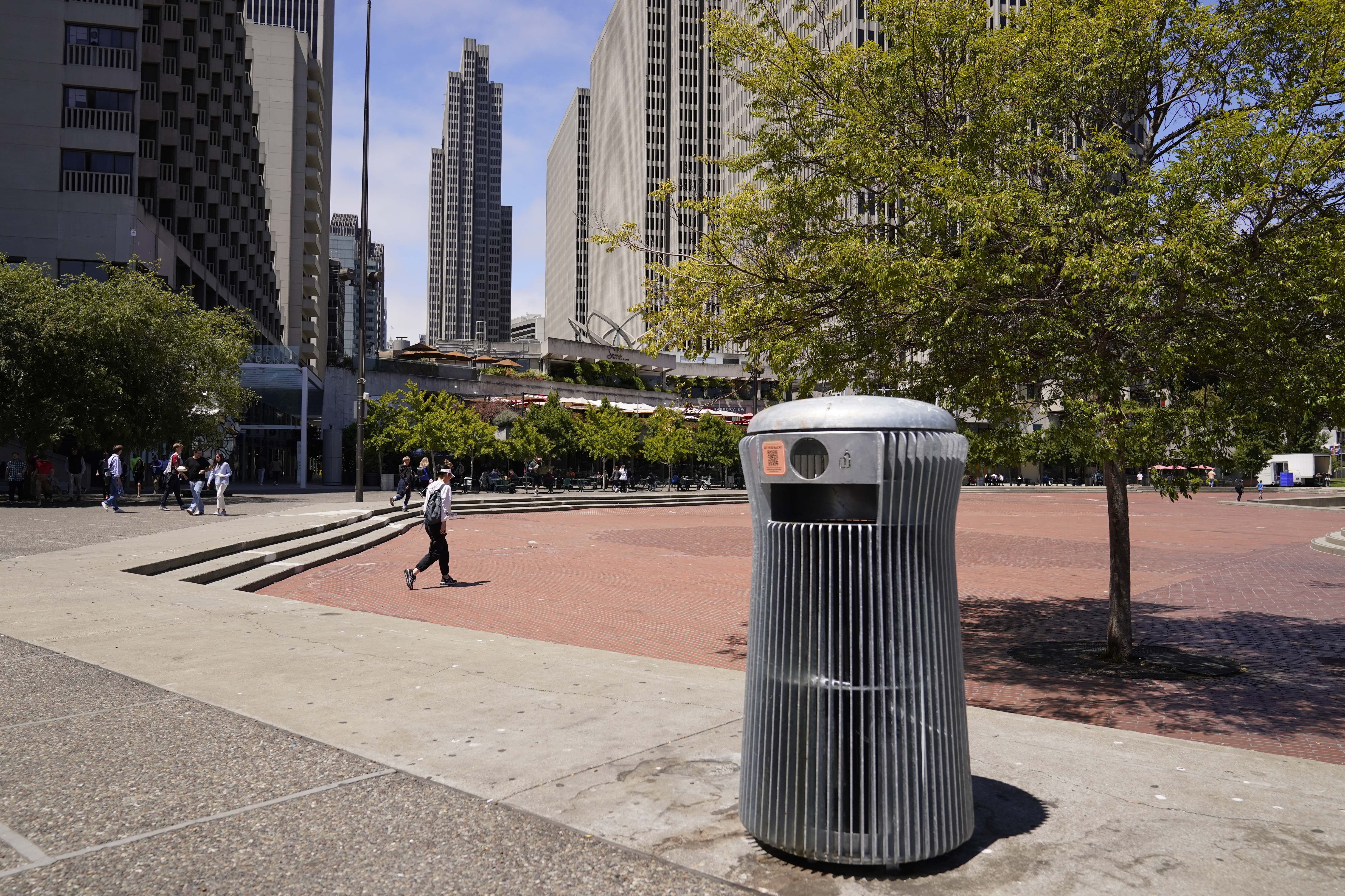 A prototype trash can called Salt and Pepper is seen near the Embarcadero in San Francisco on July 26, 2022. (AP Photo/Eric Risberg)