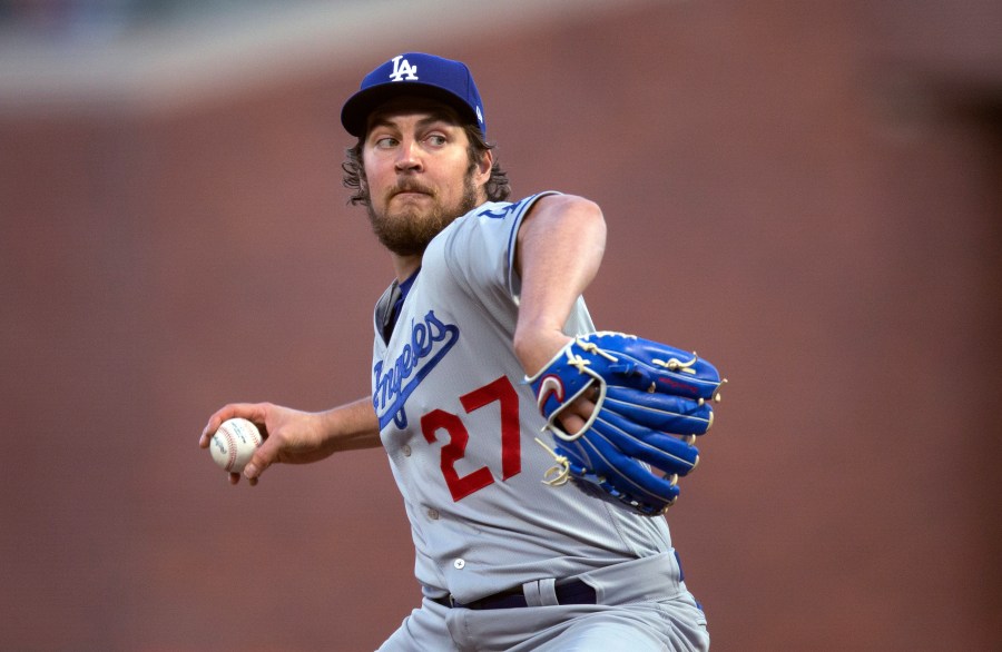 Los Angeles Dodgers starting pitcher Trevor Bauer works against the San Francisco Giants during the fourth inning of a baseball game on May 21, 2021 in San Francisco. (D. Ross Cameron/Associated Press)