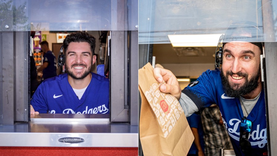 Pitchers Alex Vesia and Tony Gonsolin served up meals at a Hollywood Jack in the Box as part of the Dodgers Love L.A. Community Tour. (Los Angeles Dodgers via Twitter)