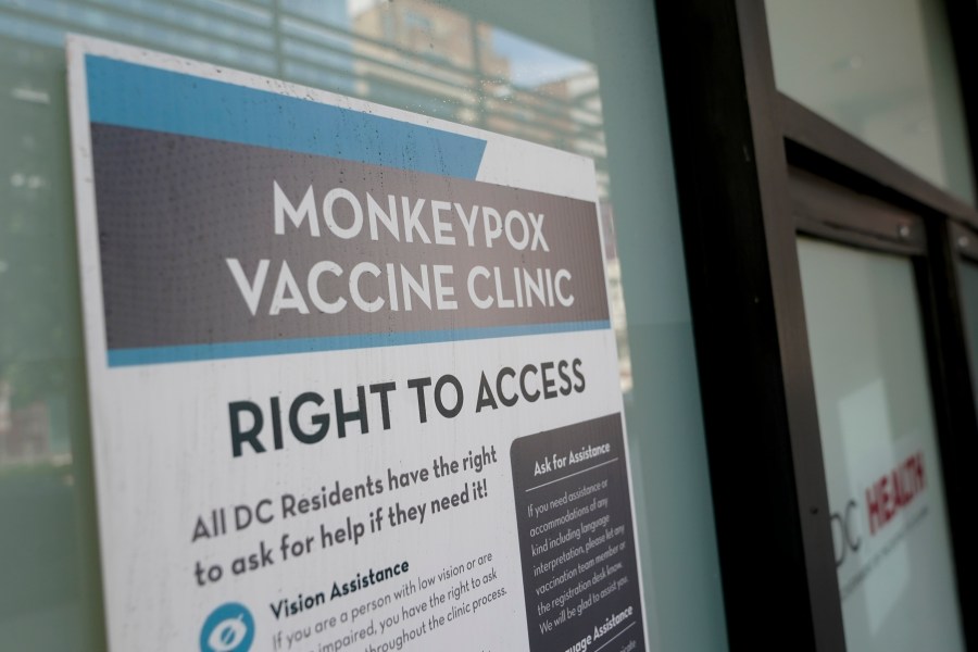 A sign is displayed outside a DC Health monkeypox vaccine clinic on Aug. 5, 2022. (Patrick Semansky/Associated Press)