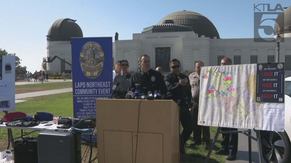 LAPD officers discuss an uptick in vehicle thefts at Griffith Park during a news conference on Aug. 23, 2022. (KTLA)