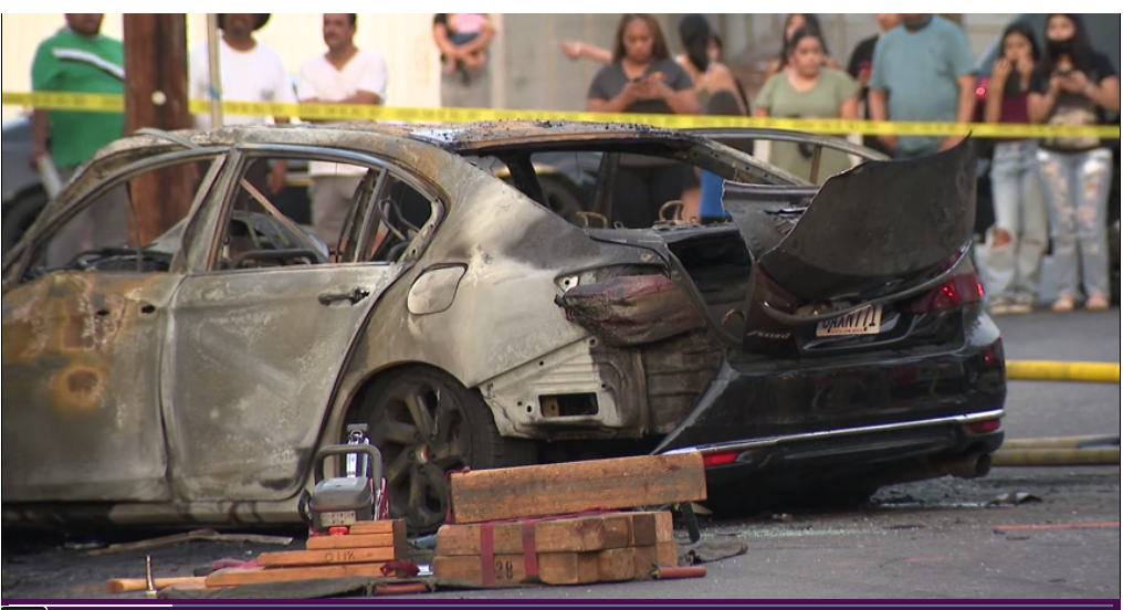 Two cars were engulfed in flames after a crash collision in the City of Industry (KTLA)