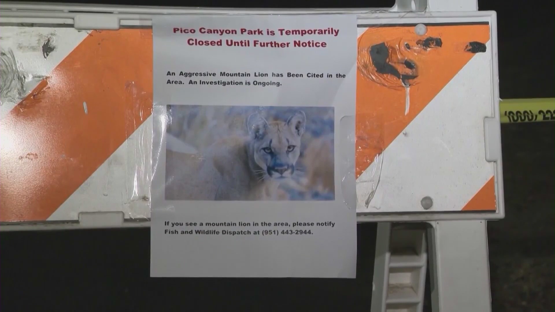 Pico Canyon Park closed until further notice while officials search for a mountain lion that attacked a 7-year-old boy. Sept. 28, 2022 (KTLA)