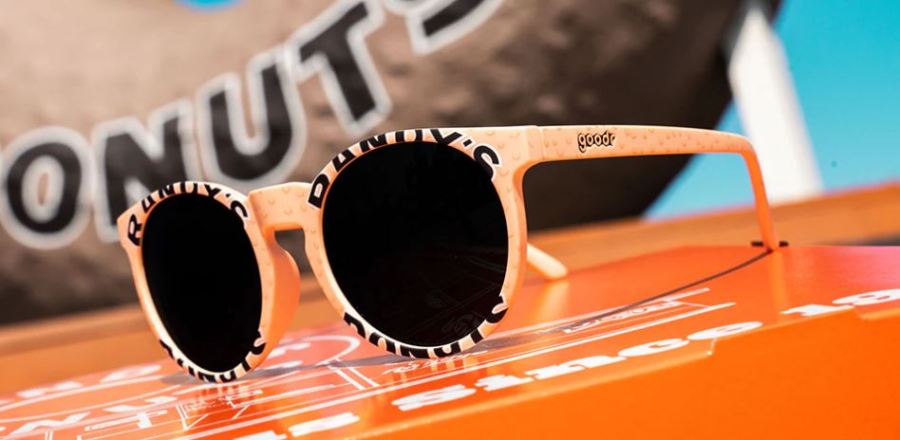 A close up of the Randy's Donuts inspired sunglasses (Goodr)