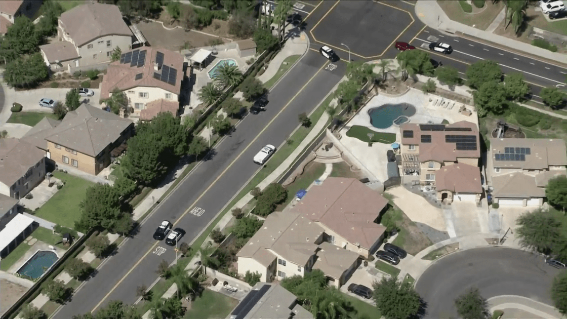 Police investigate a road-rage incident near an elementary school in Fontana on Sept. 29, 2022. (KTLA)