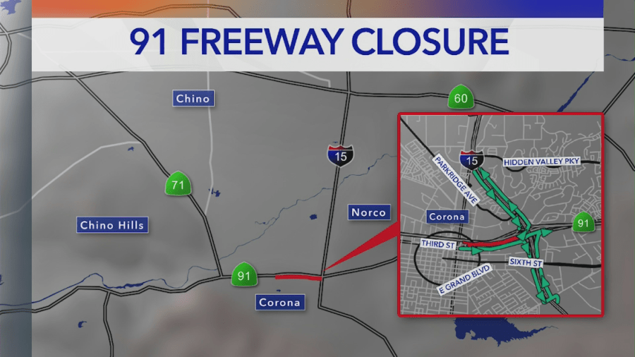 A map details the 91 Freeway closure. (KTLA)