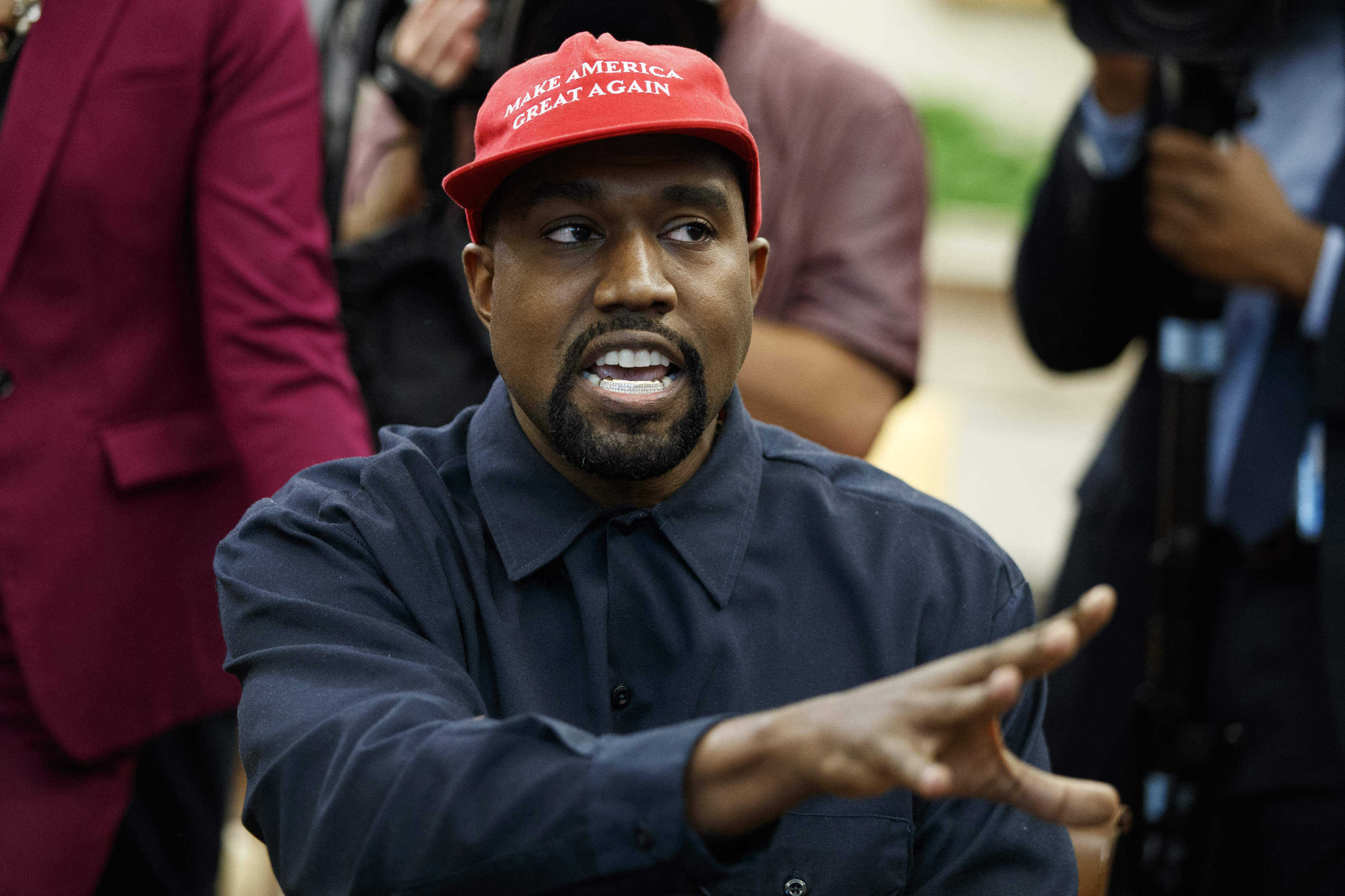 Rapper Kanye West speaks during a meeting in the Oval Office of the White House with President Donald Trump on Oct. 11, 2018, in Washington. (Evan Vucci/Associated Press)