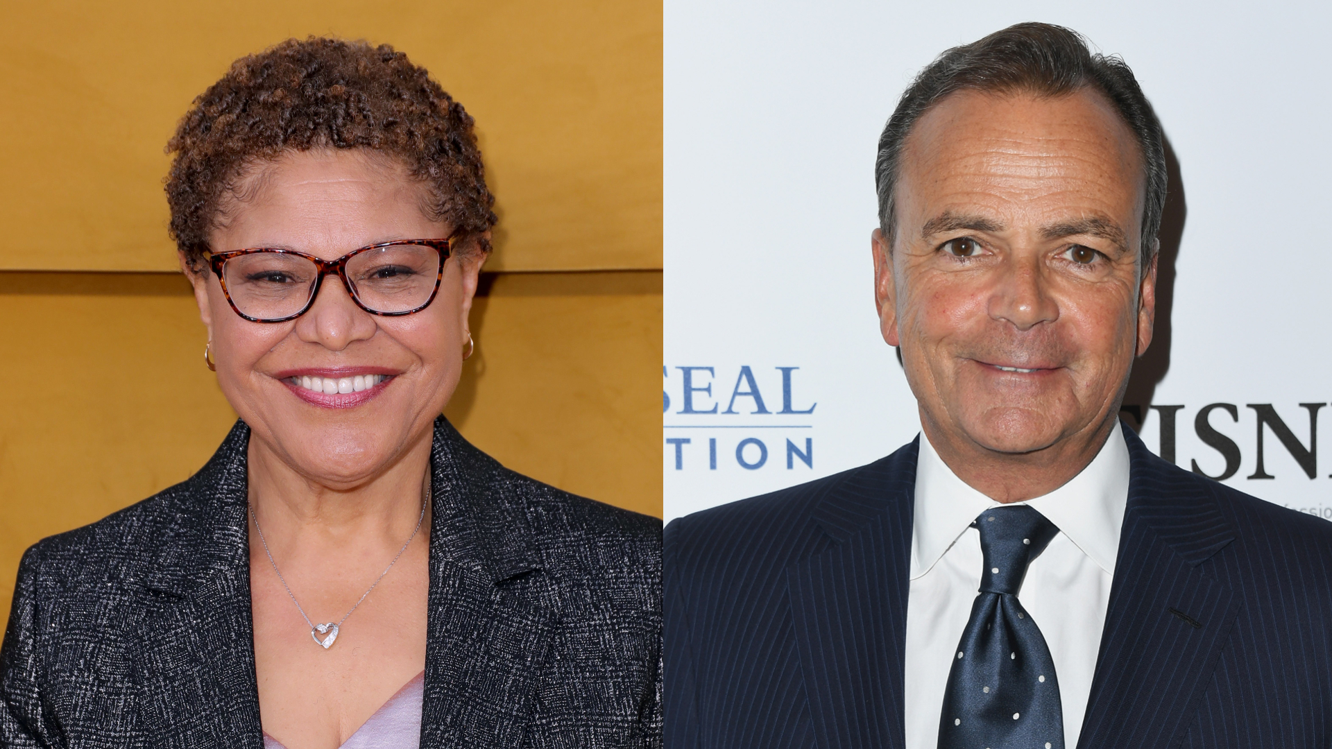 U.S. Rep. Karen Bass and developer Rick Caruso, as shown on April 14, 2022, and Nov. 7, 2018, respectively, are battling to be the next mayor of Los Angeles. (Leon Bennett/Jon Kopaloff/Getty Images)