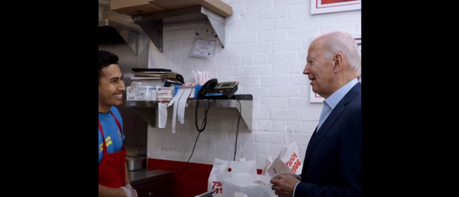 President Biden visits Tacos 1986 in Westwood, gets public service discount by clerk Isais Alejo. (@POTUS Twitter)