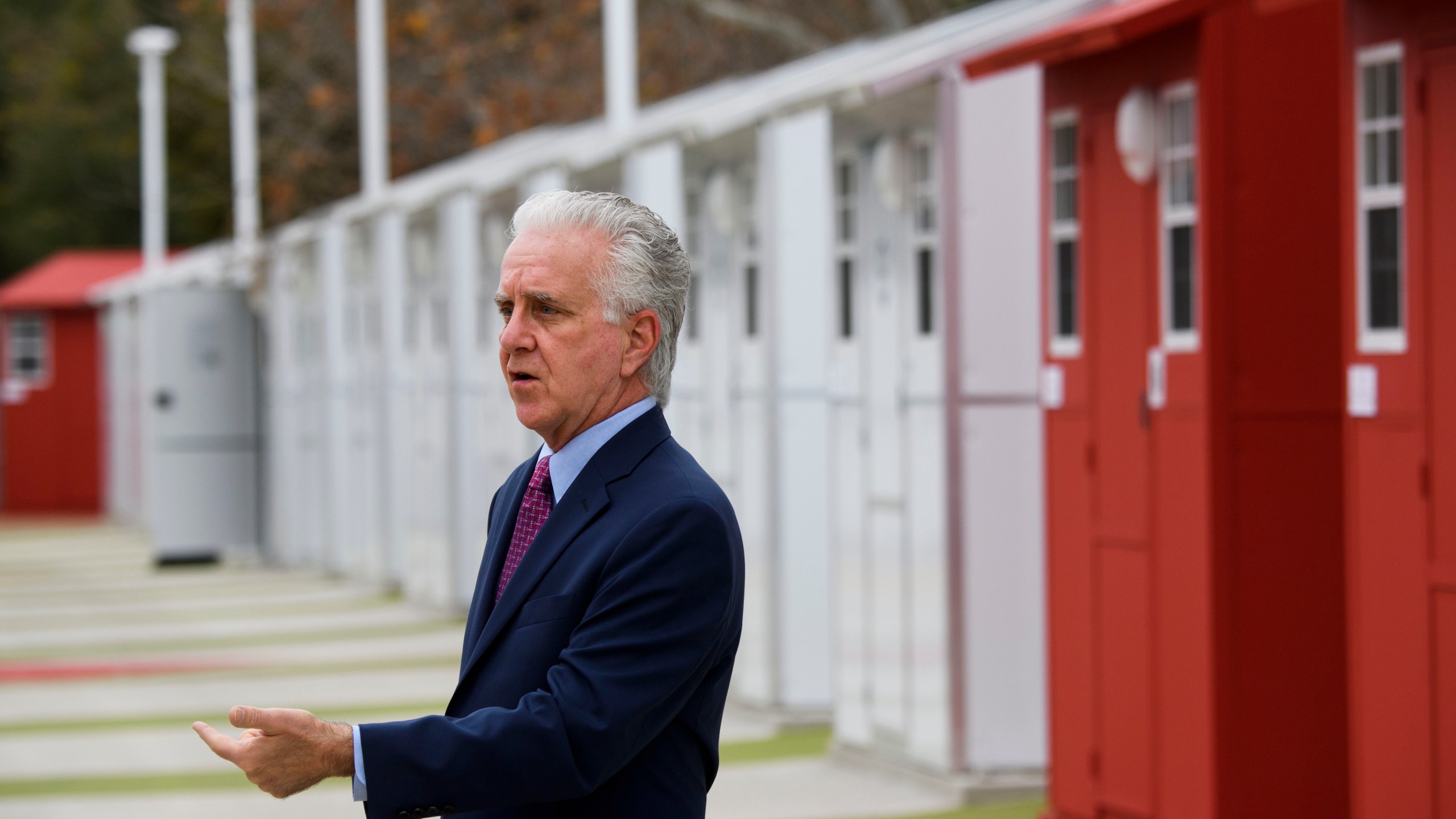 Los Angeles City Councilman Paul Krekorian speaks at the opening of Pallet shelters at the Chandler Street Tiny Home Village on Feb. 1, 2021 in North Hollywood. (PATRICK T. FALLON/AFP via Getty Images)