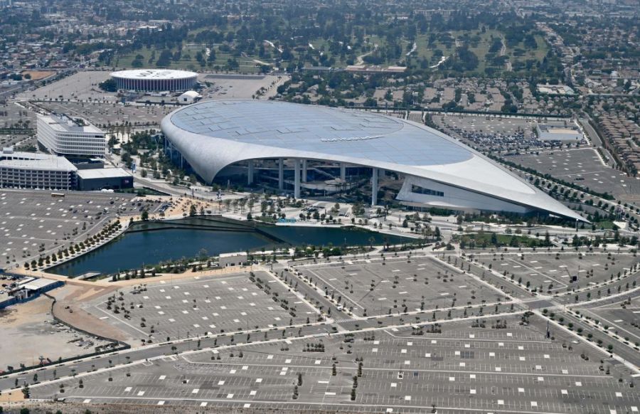 An aerial view shows SoFi Stadium sport complex on June 16, 2022 in Inglewood, California. (Photo by DANIEL SLIM/AFP via Getty Images)