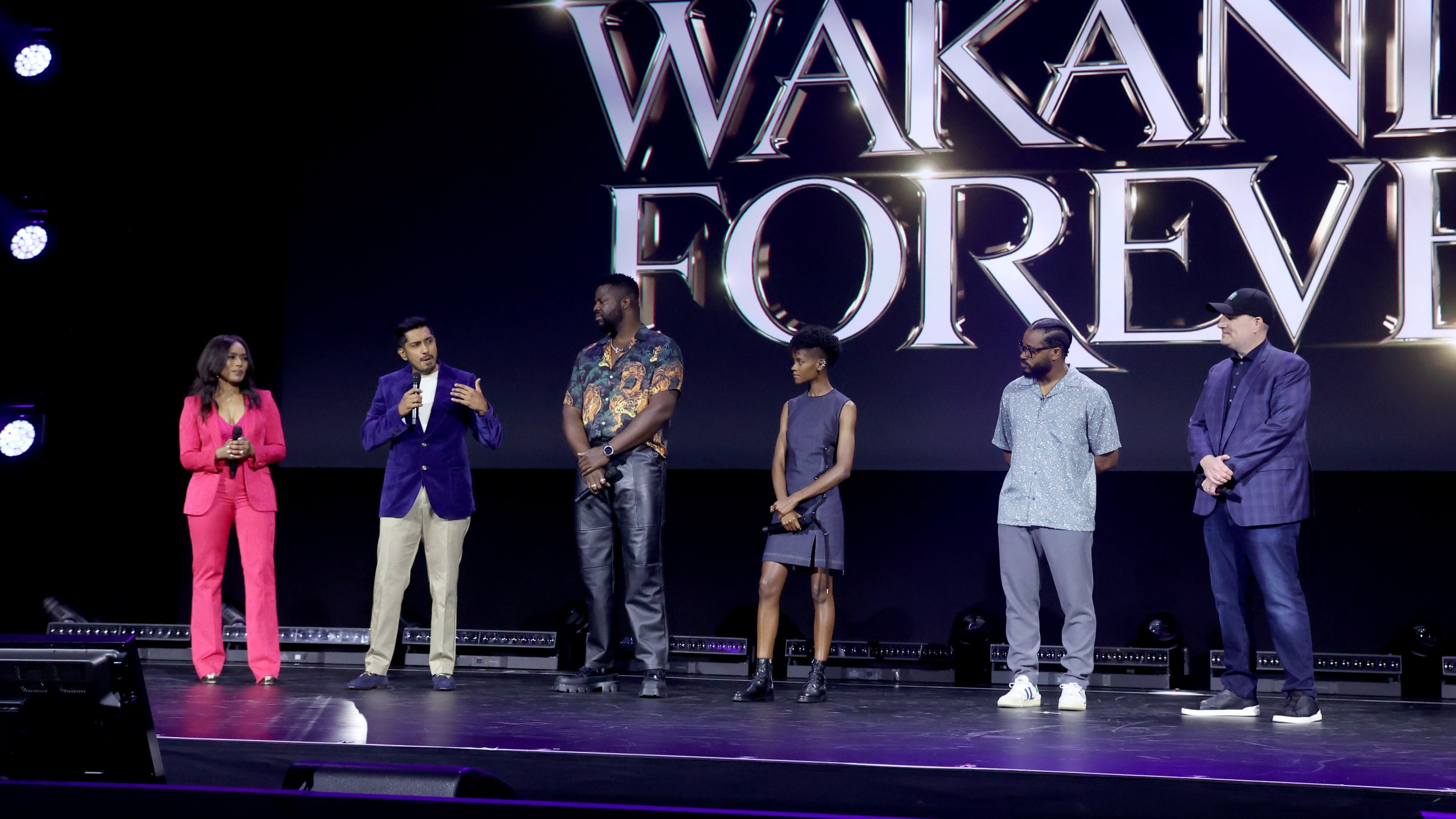 Angela Bassett, Tenoch Huerta, Winston Duke, Letitia Wright, Ryan Coogler and Kevin Feige, President of Marvel Studios and Chief Creative Officer of Marvel, speak onstage during D23 Expo 2022 at Anaheim Convention Center on Sept. 10, 2022. (Jesse Grant/Getty Images for Disney)