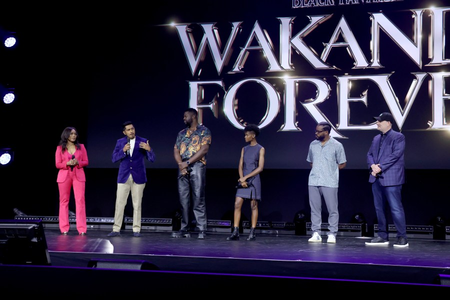 Angela Bassett, Tenoch Huerta, Winston Duke, Letitia Wright, Ryan Coogler and Kevin Feige, President of Marvel Studios and Chief Creative Officer of Marvel, speak onstage during D23 Expo 2022 at Anaheim Convention Center on Sept. 10, 2022. (Jesse Grant/Getty Images for Disney)