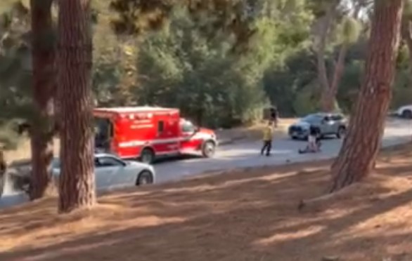 Medics work on the victim of a hit-and-run in Griffith Park on Oct. 8, 2022. (Sal Sendik)