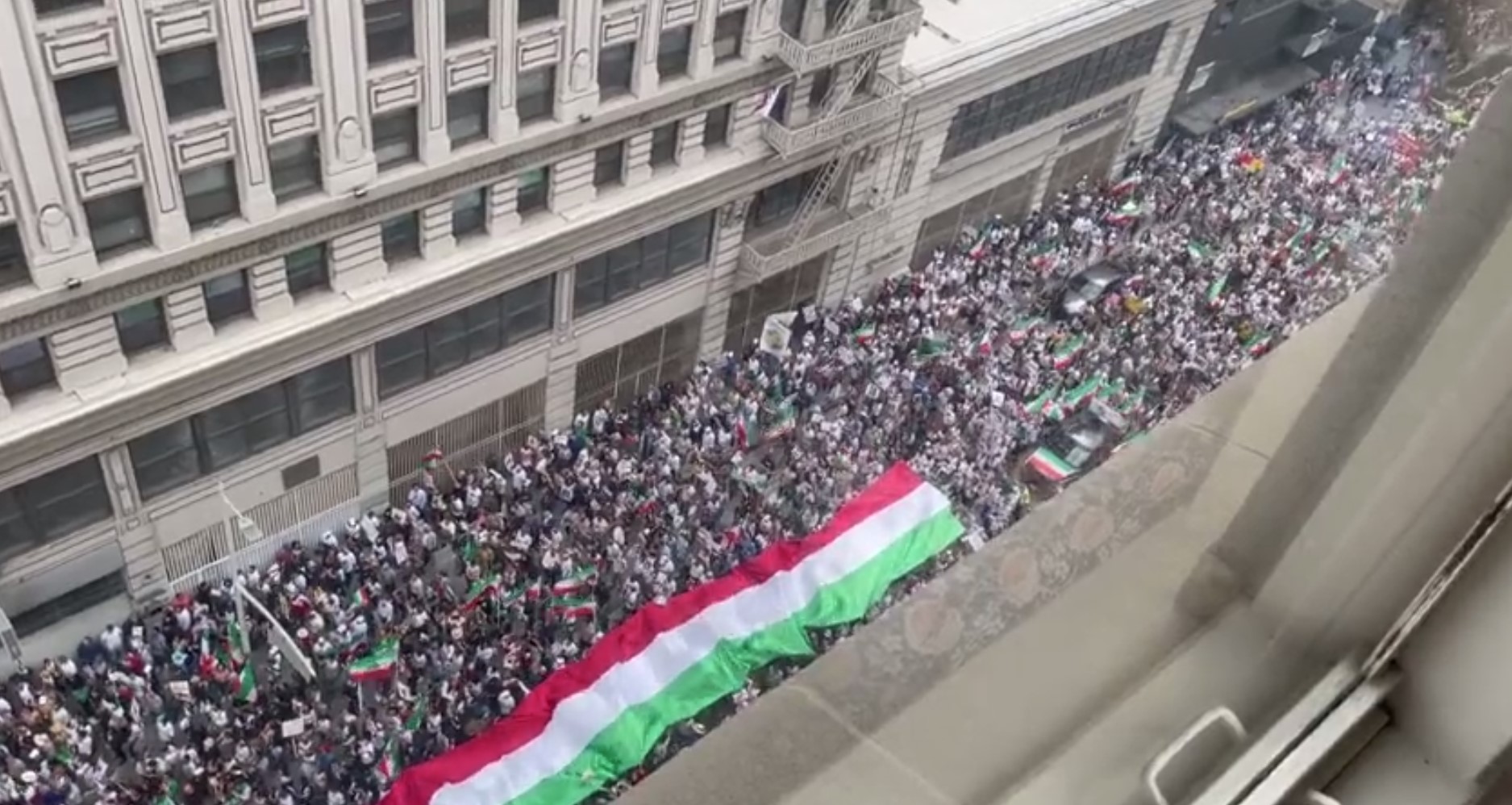 Protesters filled the streets of downtown Los Angeles on Oct. 22, 2022, as they continued their calls for change in Iran. (KTLA)