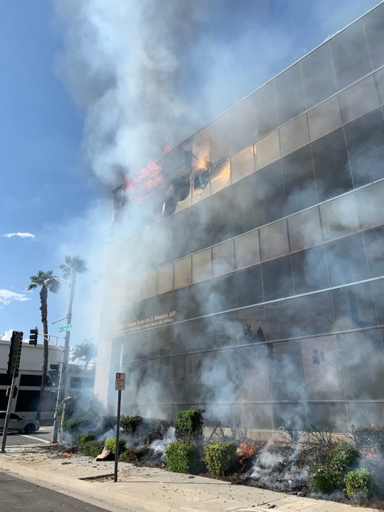 Three-alarm fire partially engulfs office building in San Bernardino on Oct. 8, 2022. (San Bernardino County Fire, @Femacampadvsr01)