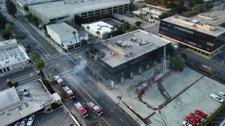 Three-alarm fire engulfs an office building in San Bernardino on Oct. 8, 2022. 