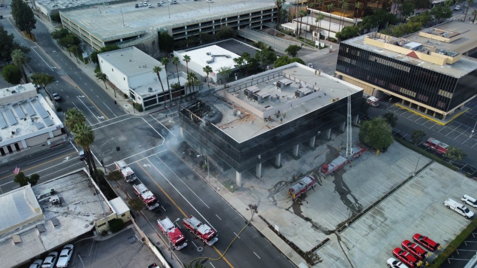 Three-alarm fire engulfs an office building in San Bernardino on Oct. 8, 2022.