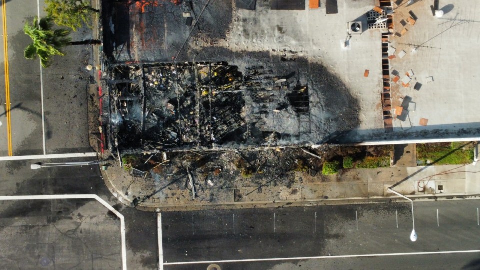 Three-alarm fire engulfs an office building in San Bernardino on Oct. 8, 2022.