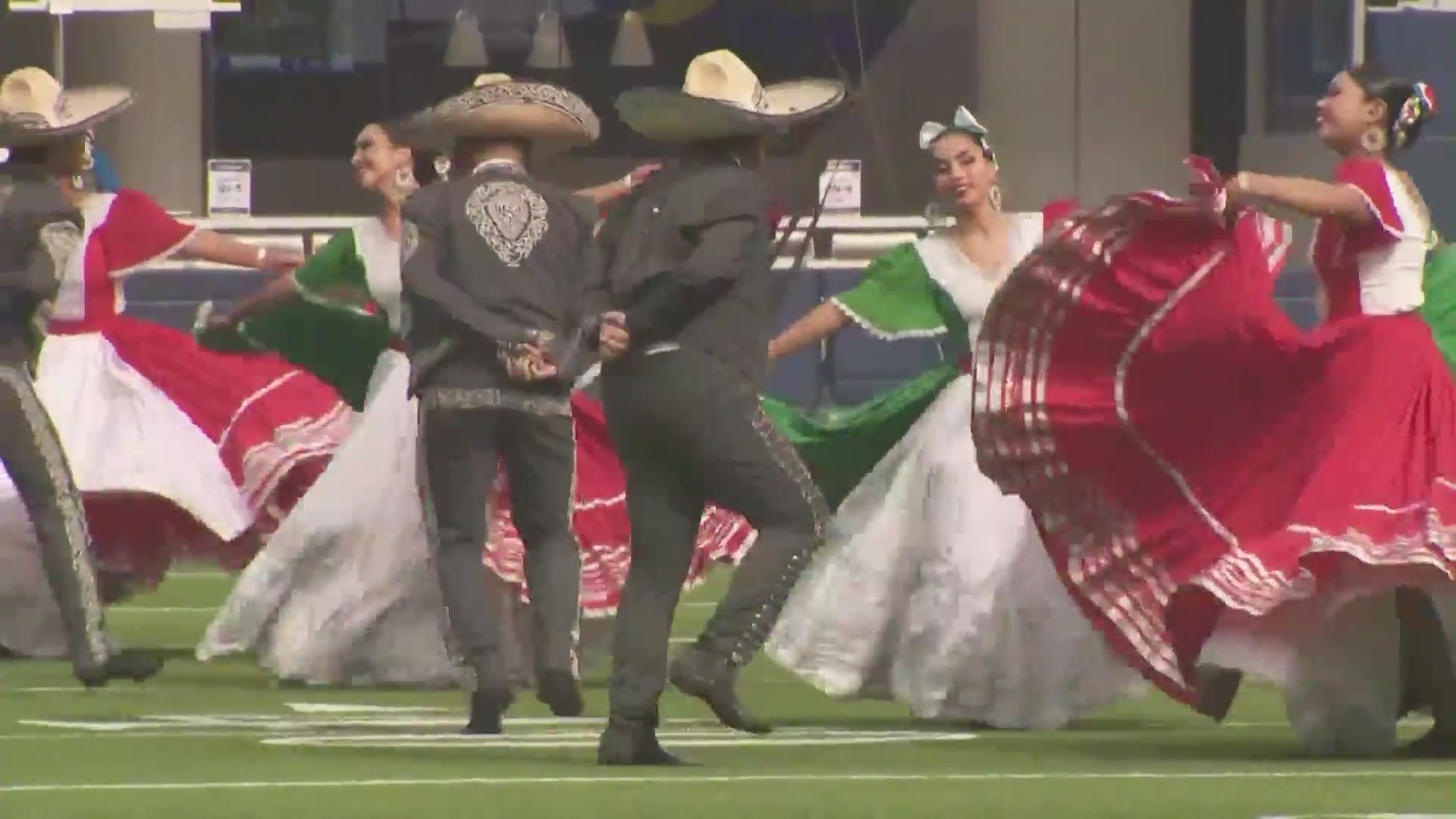 Ballet Folklorico de Los Angeles performed at halftime of the Rams game on Oct. 9, 2022. (KTLA)