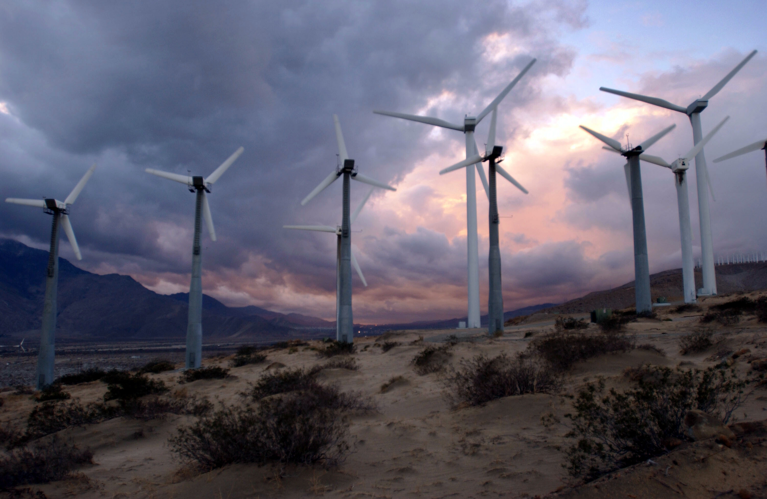 Giant windmills are seen on Dec. 17, 2002 near Palm Springs. (David McNew/Getty Images)