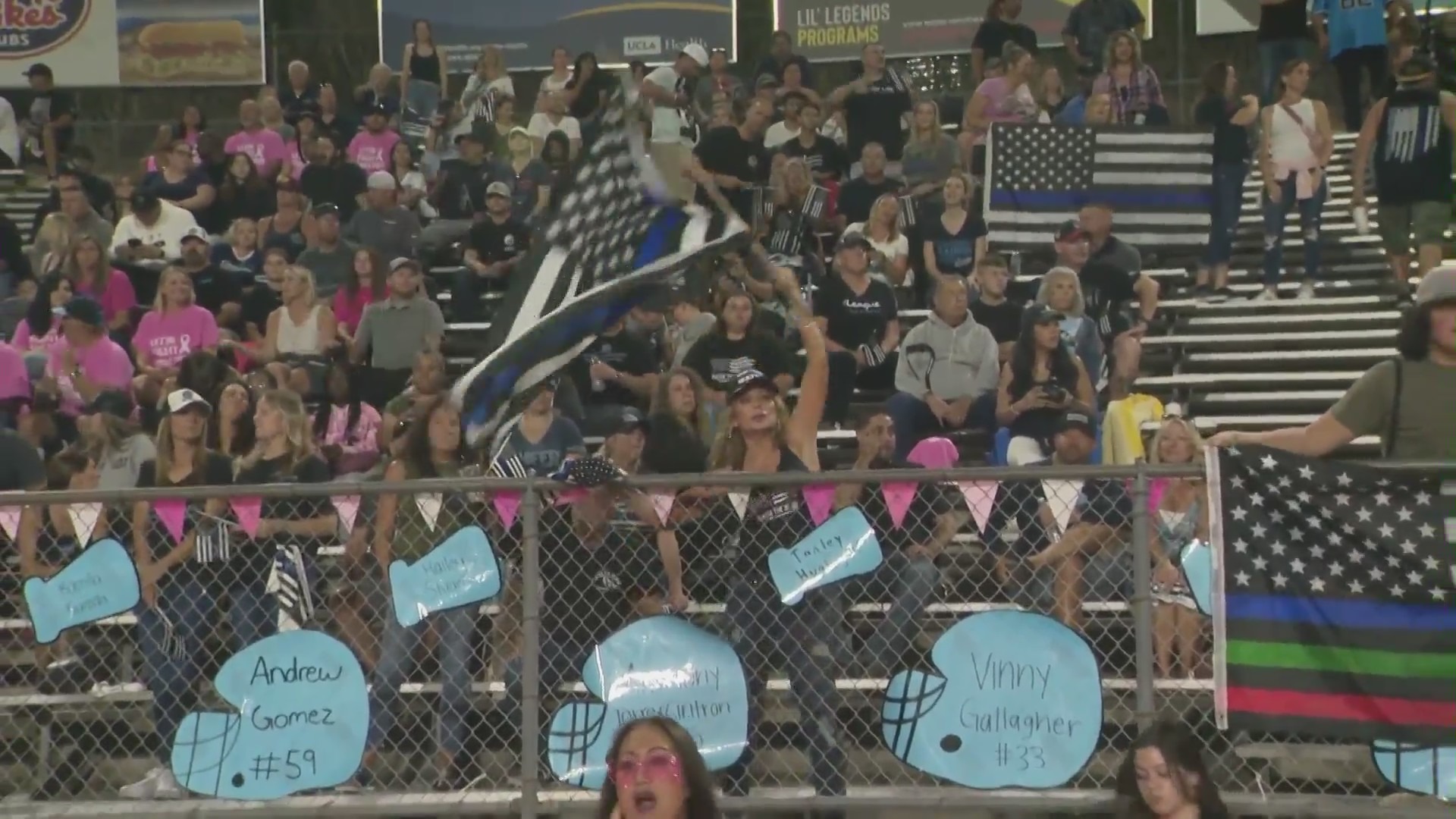 Saugus football fans waved the 'thin blue line' flag on Oct. 7, 2022, after the team was prohibited from doing so. (KTLA)