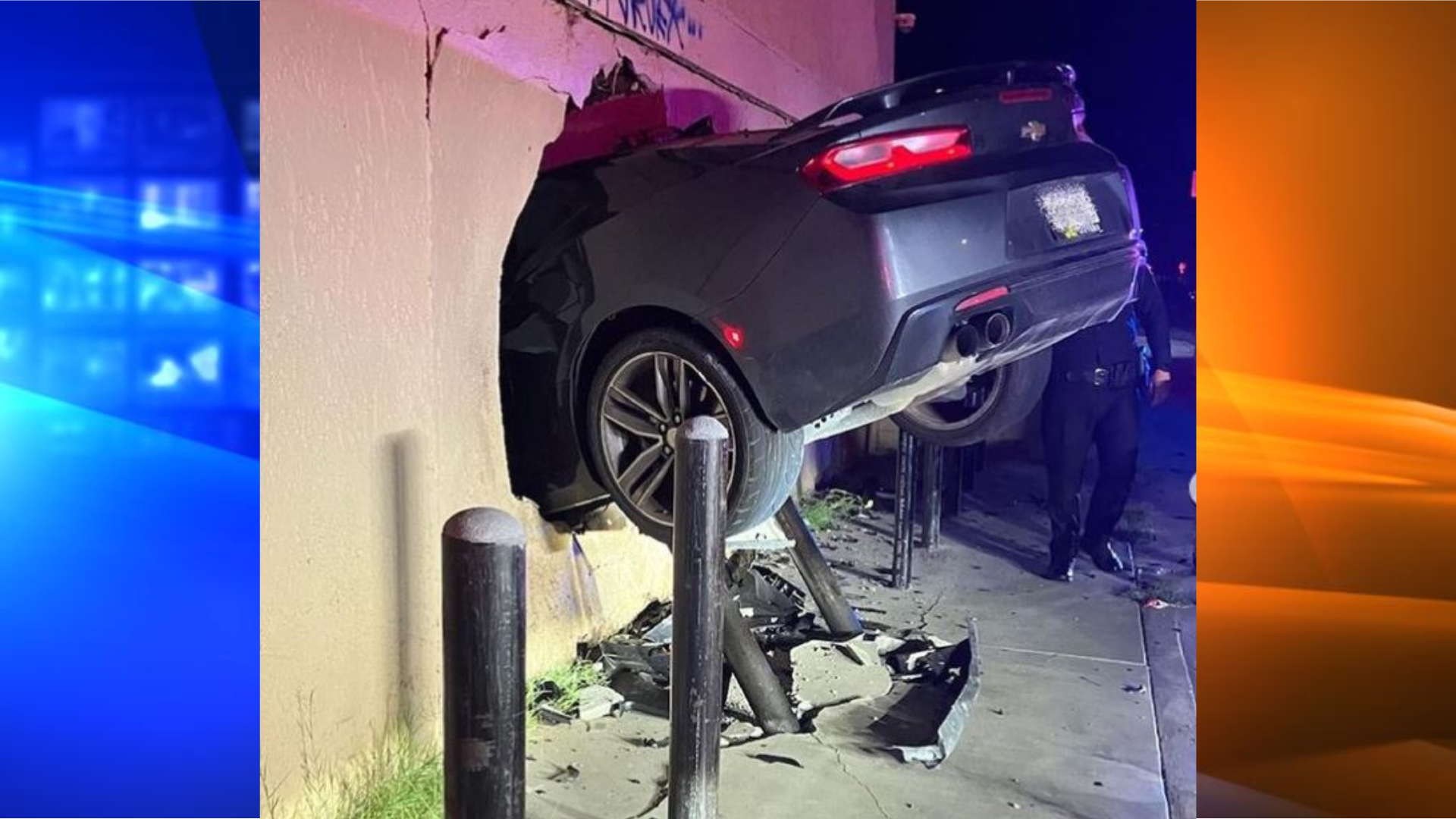 A photo from the Riverside Police shows the aftermath of a car thief launching a stolen car into the side of a building in Riverside on Oct. 19, 2022.