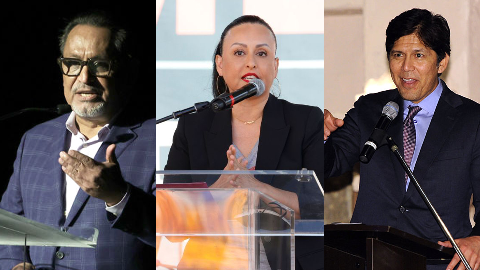 Los Angeles City Councilmembers Gil Cedillo (left) Nury Martinez (center) and Kevin de Leon (right) are pictured speaking at events. Martinez and de Leon apologized after leaked audio was released in which they can be heard making disparaging and offensive comments about colleagues and a councilmember's child (Getty Images)