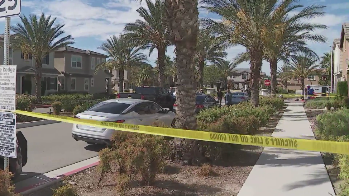 The scene near a child death investigation is cordoned off in Eastvale on Oct. 20, 2022. (KTLA)