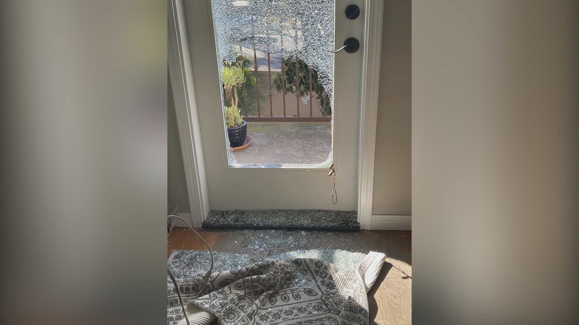 Lisa Rudy's shattered balcony door during a recent break-in at her Huntington Beach home.