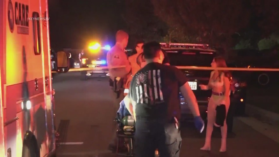 A patient is loaded into an ambulance following a deadly shooting in Covina on Oct. 30, 2022 (Key News)