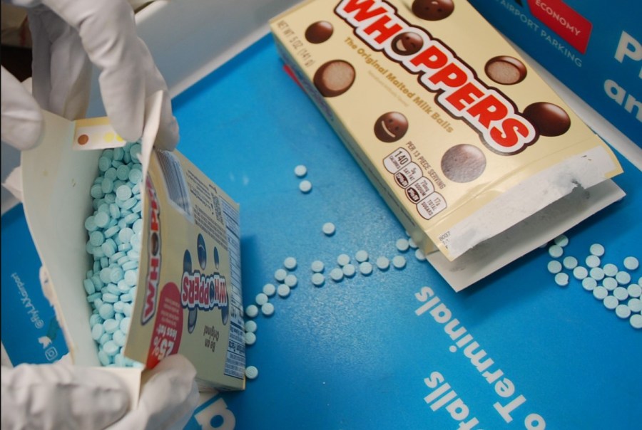 Suspected fentanyl pills found in a box of Whoppers candy are seen in a photo provided by the Los Angeles County Sheriff's Department on Oct. 19, 2022.