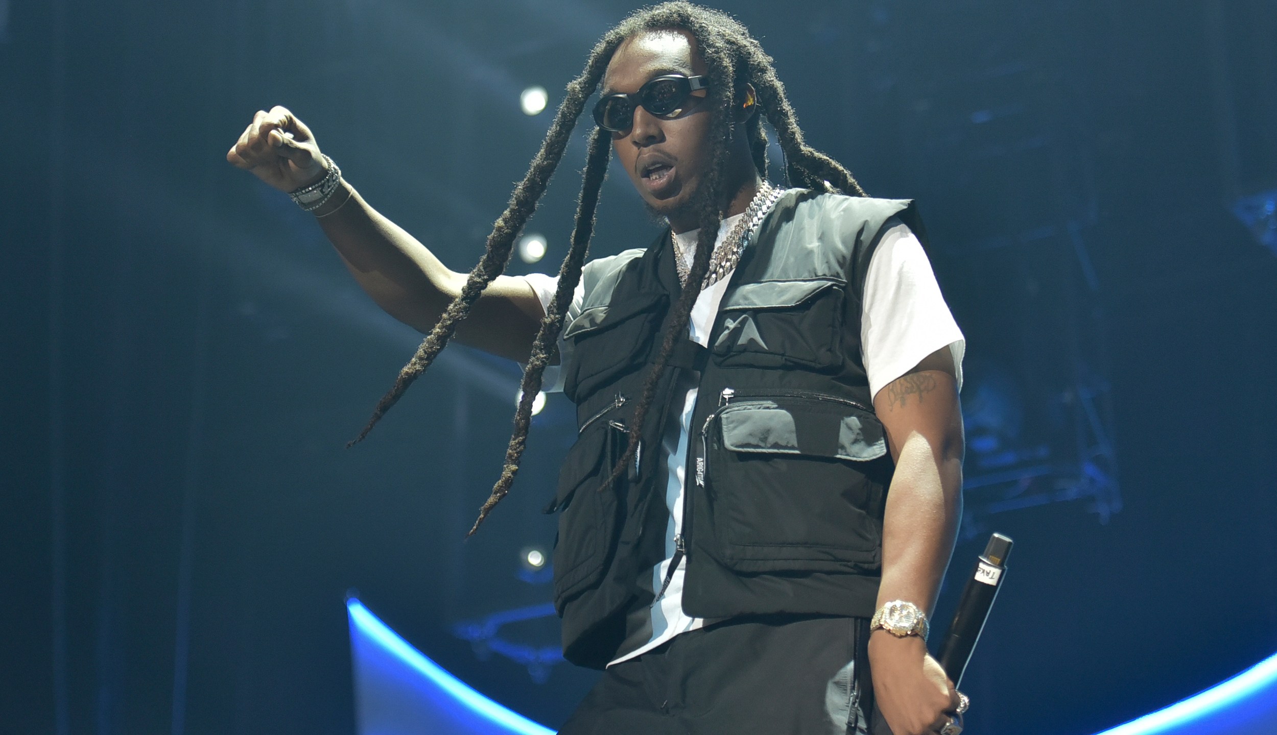 Takeoff of the group Migos performs during the 2019 BET Experience in Los Angeles on June 22, 2019. A representative confirms that rapper Takeoff is dead after a shooting outside of a Houston bowling alley. Takeoff , whose real name was Kirsnick Khari Ball, was part of Migos along with Quavo and Offset. He was 28. (Richard Shotwell/Invision/AP, File)