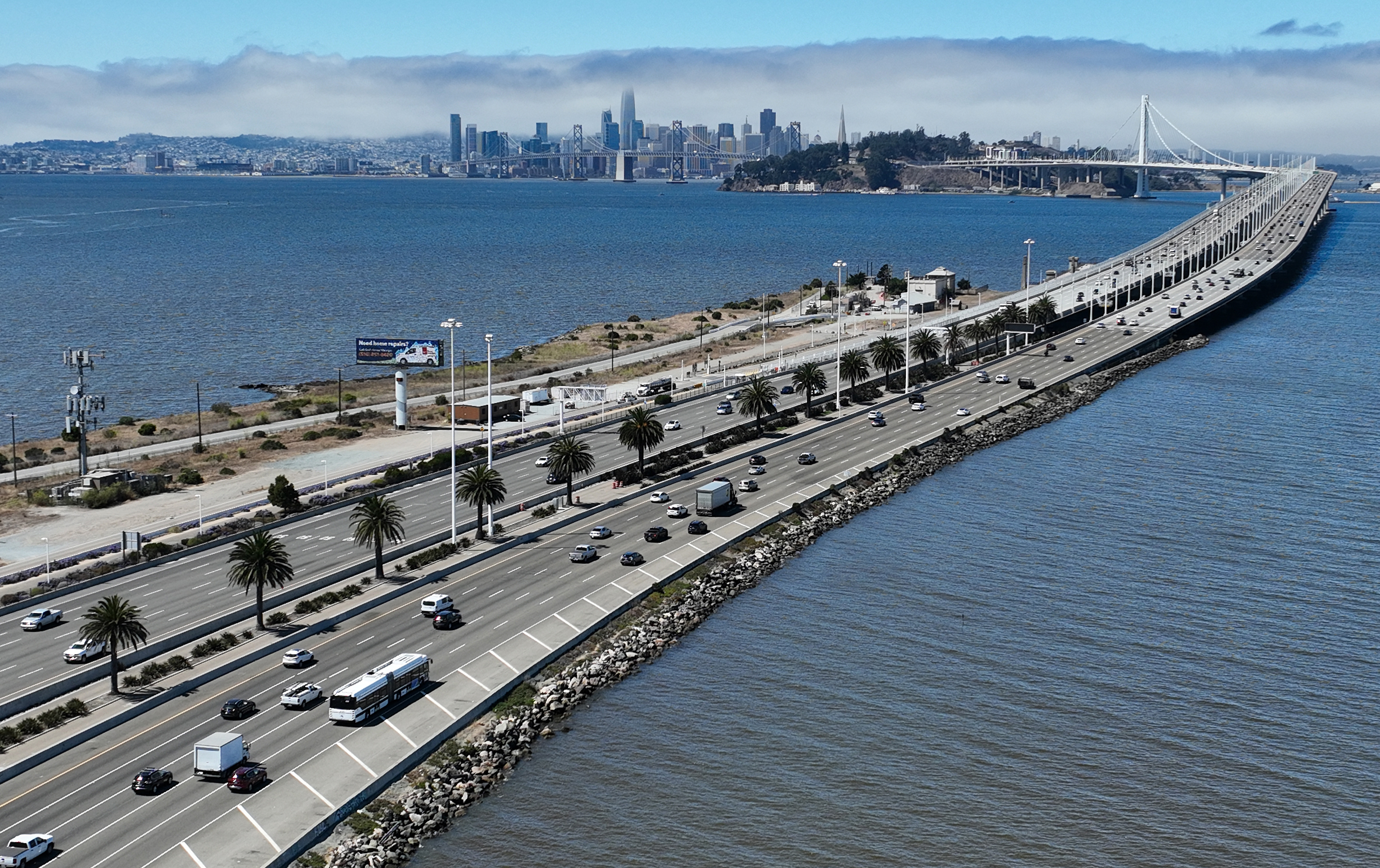 In an aerial view, traffic moves on the San Francisco-Oakland Bay Bridge on Aug. 24, 2022 in Oakland. (Justin Sullivan/Getty Images)