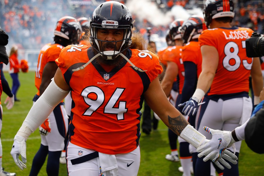 Domata Peko #94 of the Denver Broncos takes the field before a game against the Los Angeles Rams at Broncos Stadium at Mile High on Oct. 14, 2018 in Denver. (Justin Edmonds/Getty Images)