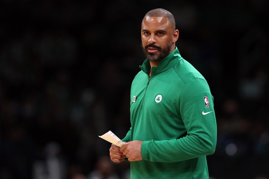 Boston Celtics head coach Ime Udoka directs his team during the Celtics home opener against the Toronto Raptors at TD Garden on October 22, 2021, in Boston. (Maddie Meyer/Getty Images)